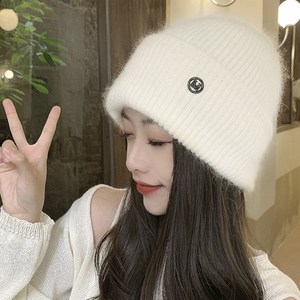 冬季新款帽子女日系可爱白色毛线帽大头围加厚保暖兔毛护耳针织帽