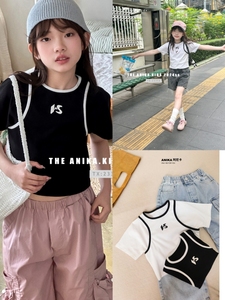 阿尼卡ANIKA韩国童装夏女童短袖T恤修身短款假两件街舞街拍嘻哈