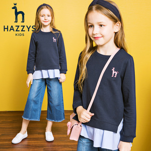 hazzys哈吉斯童装女童裙式卫衣， 中大童条纹拼接假两件上