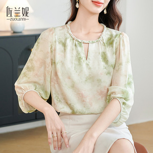 新中式遮肚子雪纺衫上衣女宽松显瘦七分袖衬衫夏季新款高级感减龄