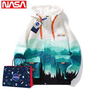 NASA联名新款渐变印花立体发泡夹克男大码秋冬季加绒连帽宽松外套