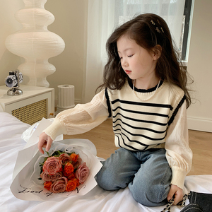 女童拼接假两件条纹针织衫2024年春秋新款韩版甜美泡泡袖洋气上衣