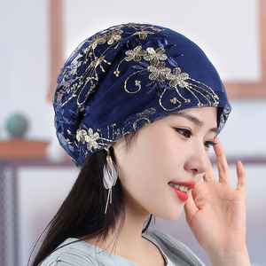 女韩版四季双色绣花纱帽四季透气头巾帽蕾丝包头光头孕妇空调帽子