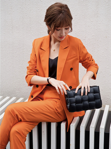新款橙色西装英伦风炸街网红小西服腰带显瘦两件套OL职业套装女
