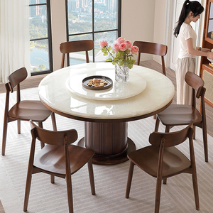 新中式2024新款高端纯天然大理石餐桌透光白冰玉实木家用圆形餐桌