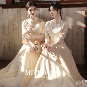 中式婚礼伴娘服香槟色2024新款春夏长袖气质显瘦姐妹团礼服高级感