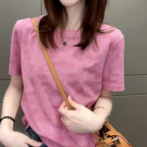 粉色圆领短袖T恤女2024夏季爆款高端大牌宽松显瘦时尚洋气上衣