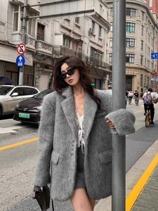 HOLDER韩版西装羊毛呢大衣女秋冬加厚廓形垫肩灰色高级感西服外套