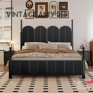 法式复古风雕花罗马柱实木单双人床黑色美式轻奢主卧室婚床高背床