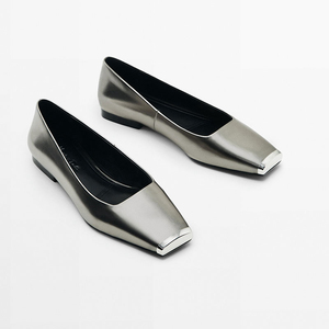 Massimo Dutti女鞋银色金属鞋头欧洲站羊皮芭蕾跳舞鞋md平底鞋潮
