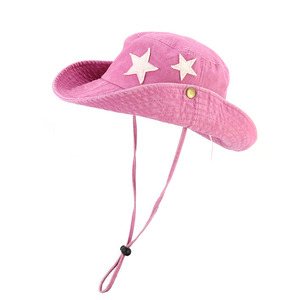 西部牛仔渔夫帽遮阳防晒帽子女可折叠布帽五角星贴布盆帽