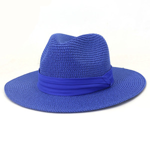春夏季遮阳防晒草帽女克莱茵蓝显白帽子彩色大檐草帽英伦风爵士帽