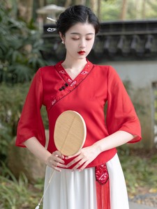 新中式改良旗袍棉麻刺绣花上衣女夏民国风七分袖修身改良茶艺汉服
