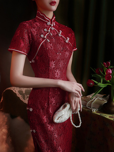 酒红色旗袍2023年新款改良复古日常中国风蕾丝气质高端夏季连衣裙