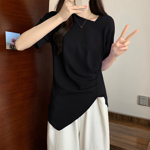 V领短袖t恤女2024夏季新款韩版设计感修身大码体恤中长款半袖上衣