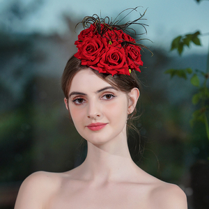 法式复古红色玫瑰花朵小礼帽子优雅名媛晚宴婚纱礼服影楼拍照头饰