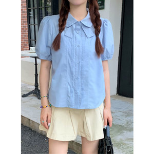 霍里德夏季蓝色刺绣领结设计感上衣小众纽扣衬衣短袖衬衫女地图