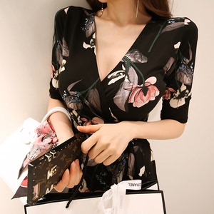 适度奢华韩国进口夏季新款时尚印花交叉系带一片式长款气质连衣裙