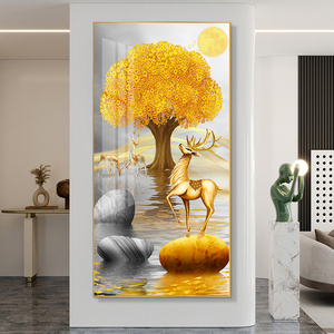 玄关装饰画麋鹿发财树中式寓意好晶瓷挂画竖版入户走廊背景墙壁画