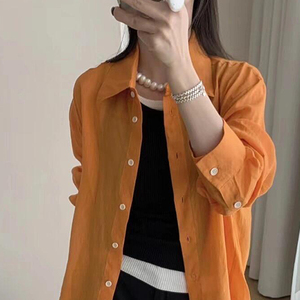 橙色韩版气质衬衫女2024春夏款设计感小众长袖宽松防晒薄款衬衣