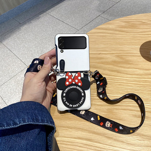 折叠屏相机米妮适用于三星Galaxy Z Flip3手机壳可爱女flip保护套个性卡通背带挂脖绳SM-F7110皮质卡套可斜挎