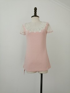 夏娃女式桔粉色蕾丝设计简约时尚弹力短袖T恤
