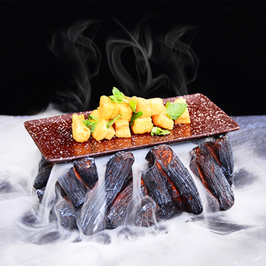 创意日式网红黑色火山木炭造型烤肉盘子可放干冰冒烟意境摆盘餐具