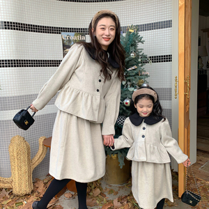高端亲子装2022新款韩版冬季小香风毛呢外套裙子两件套母女装套装