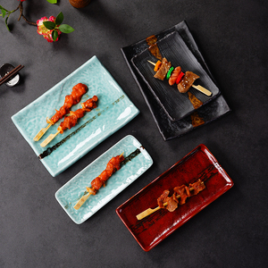 日式烧鸟盘烤物盘陶瓷餐具创意寿司盘复古长方形刺身盘多用串烧盘