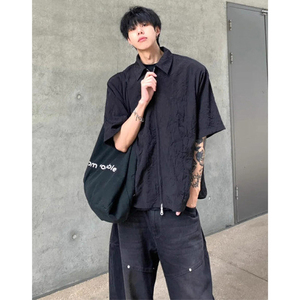 黑色双拉链潮男高级感衬衫短袖夏季欧美高街外套cleanfit褶皱衬衣