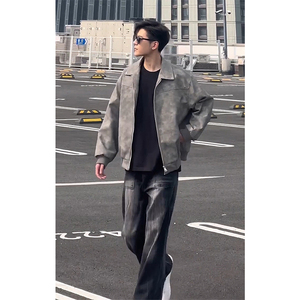 cleanfit灰色短款皮衣外套美式痞帅高级感男装复古翻领机车皮夹克