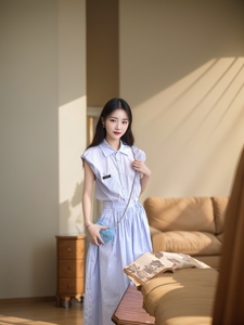 蓝色条纹衬衫套装女韩系宽松显瘦两穿上衣a字半裙夏季两件套裙装