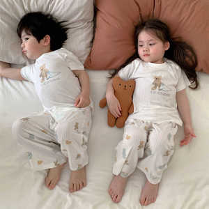 韩国儿童亲子睡衣男女童夏季小熊家居服套装薄宝宝短袖长裤空调服