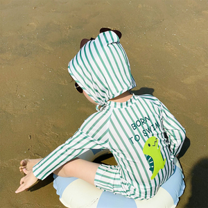 韩国儿童泳衣夏季男女童条纹连体泳装宝宝恐龙长袖防晒速干衣海边