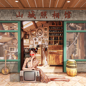 老上海民国风照相馆墙纸复古怀旧奶茶店墙布剧本杀拍照背景墙壁纸
