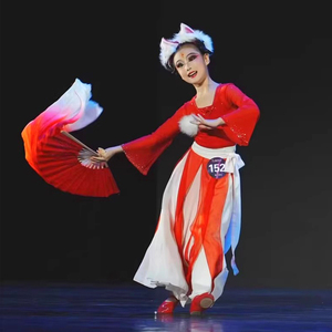 俏红狐儿童古典舞服装群舞女童小狐仙飘逸演出小红狐表演服扇子舞