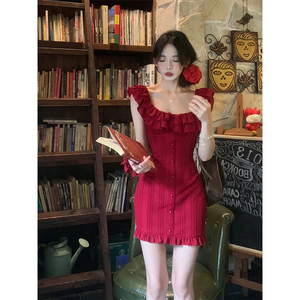 K2 ONLINESTORE法式复古红色荷叶边性感修身针织连衣裙夏季短裙女