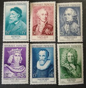 法国邮票1955年名人菲利普国王画家雷诺阿等6全新