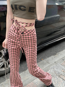 粉色格子裤女设计感小众高腰拖地裤夏季辣妹微喇叭裤垂感长裤子潮