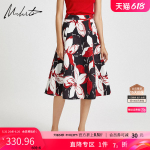 Mhiti/锡瑅秋季新品时尚印花A字大摆显瘦中长款半裙H3Q102I