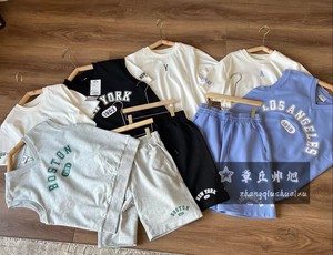 110-160码韩版童装夏男女童字母马甲短裤短袖T恤学院运动三件套装
