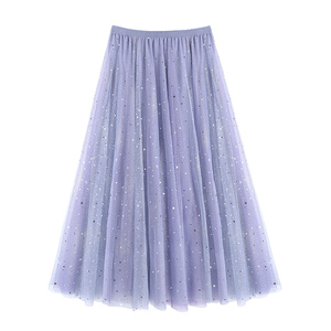 2021秋季新款星空灰紫色中长款网纱裙仙女亮片星星百褶裙半身