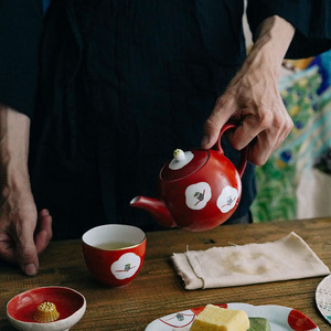 日本藏珍窑匠人手绘古典昭和传统红椿山茶花茶壶茶杯餐具套组