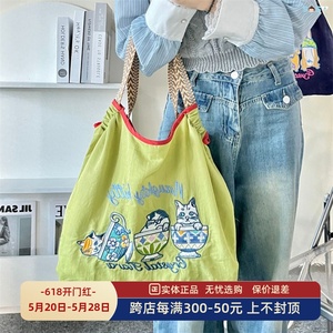 [SOSO全球]24新款日系猫咪柴犬刺绣环保布袋大容量防水尼龙手提包