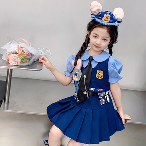 女 童迪士尼cos服jk裙套装夏季朱迪兔子警官衣服学院风马甲三件套