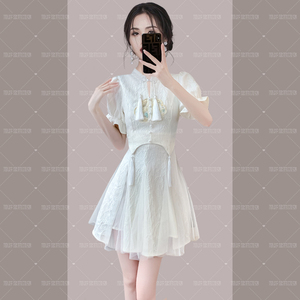 新中式国风改良旗袍短袖连衣裙子女夏季高级感气质收腰仙女蓬蓬裙