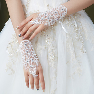 韩式简约婚纱礼服手套新娘短款蕾丝绑带白色演出亮片红色手套夏季