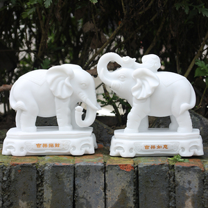 石雕石头大象摆件一对小号汉白玉石象吸水象客厅吉祥如意书桌家用