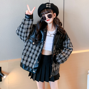 女童秋装外套新款韩版洋气时髦拼皮格子呢夹克帅气春秋款儿童上衣