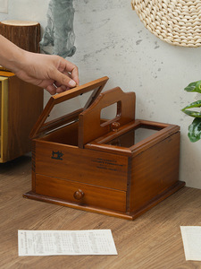手提针线盒抽屉式桌面收纳盒zakka药箱木质分隔带盖化妆品储物盒
